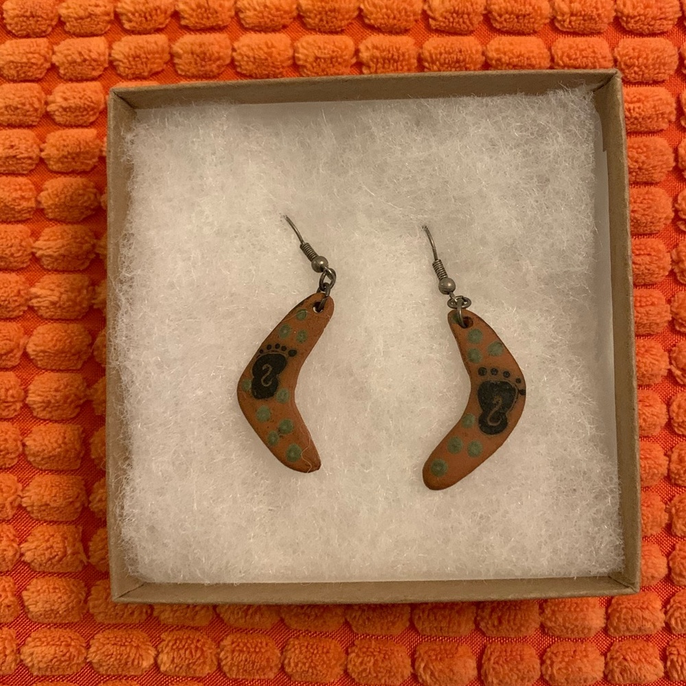 Boomerang Earrings Handpainted Craft Hang Ten Feet Pattern NIB